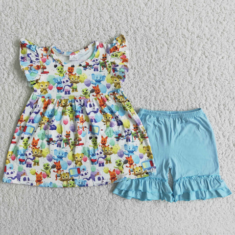 D7-27 Baby Girls Pearl Sleeve Blue Ruffles Shorts Sets