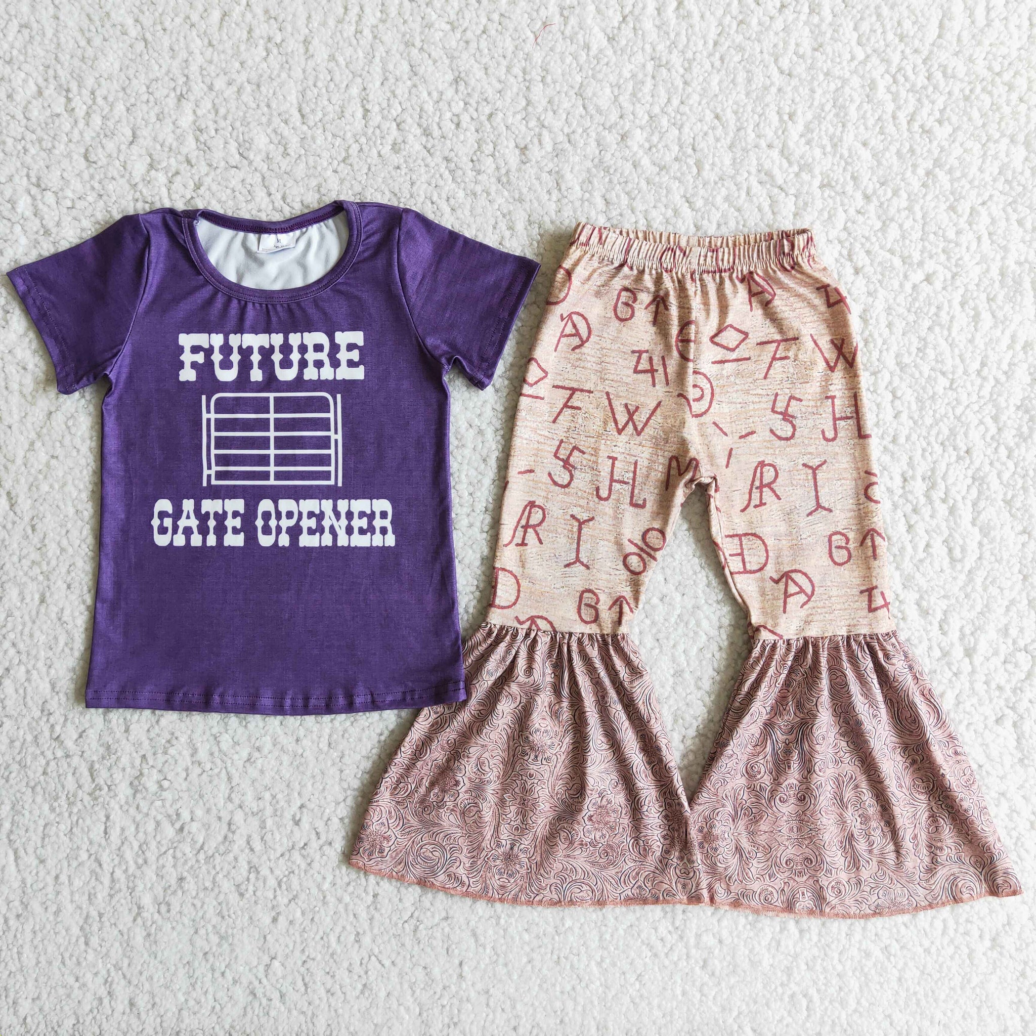 D6-30 Purple Future Baby Short Sleeve and Letter Bell Bottoms Pants Sets