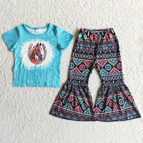 Tassels Blue Horse Baby Short Sleeve Bell Bottoms Pants Sets