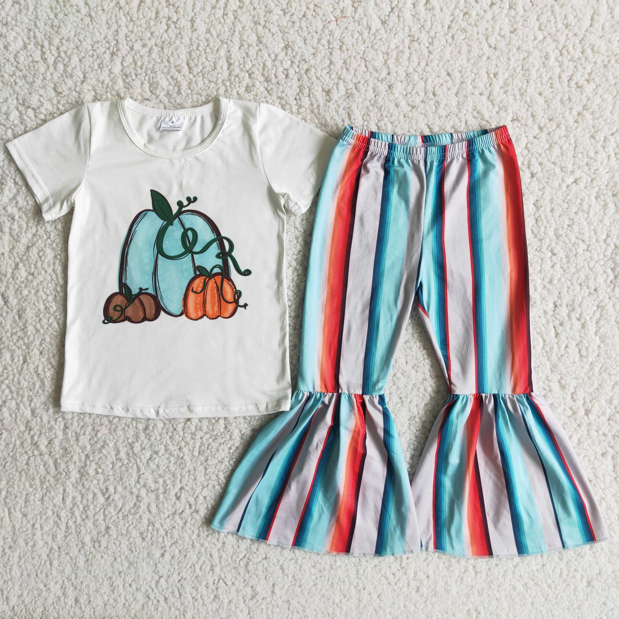 Thanksgiving Day Pumpkin Baby Short Sleeve and Stripe Bell Bottoms Pants Sets