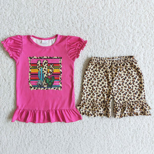 C1-11 Baby Girls Cactus Short Sleeve Leopard Shorts Sets