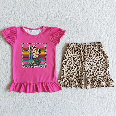 C1-11 Baby Girls Cactus Short Sleeve Leopard Shorts Sets