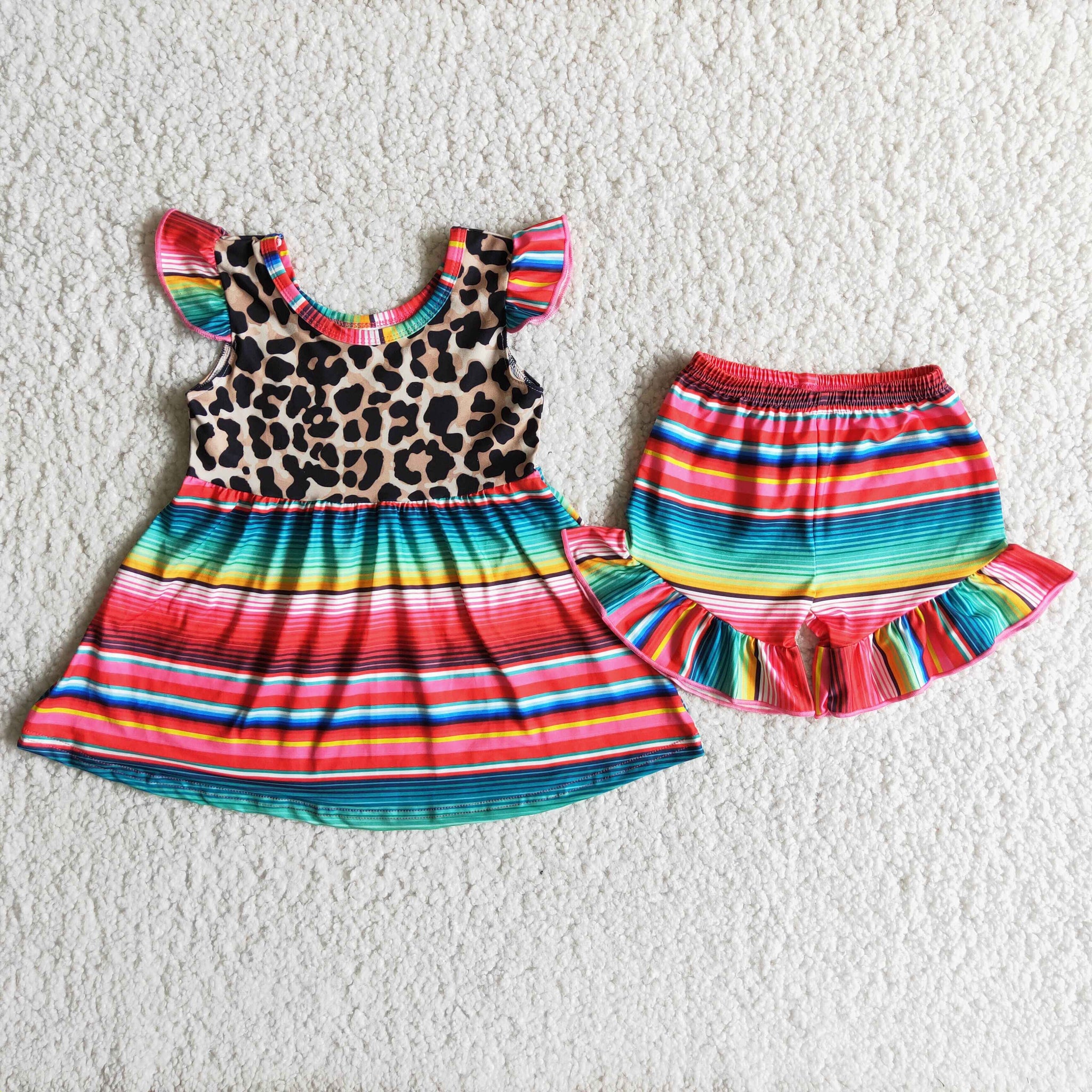 A1-3 Baby Girls Leopard Pearl Sleeve Stripe Shorts Sets
