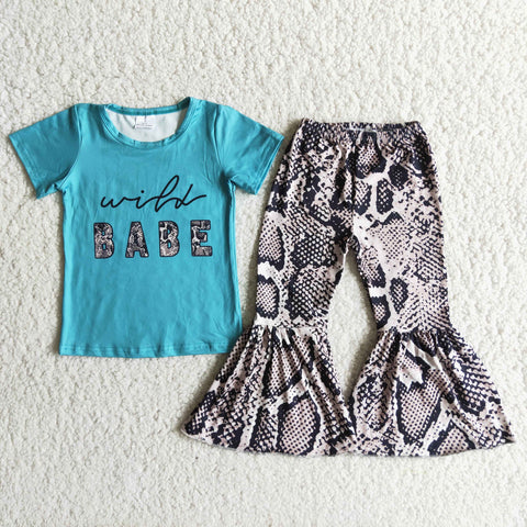 Babe Letter Baby Short Sleeve and Snake Skin Printed Bell Bottoms Pants Sets