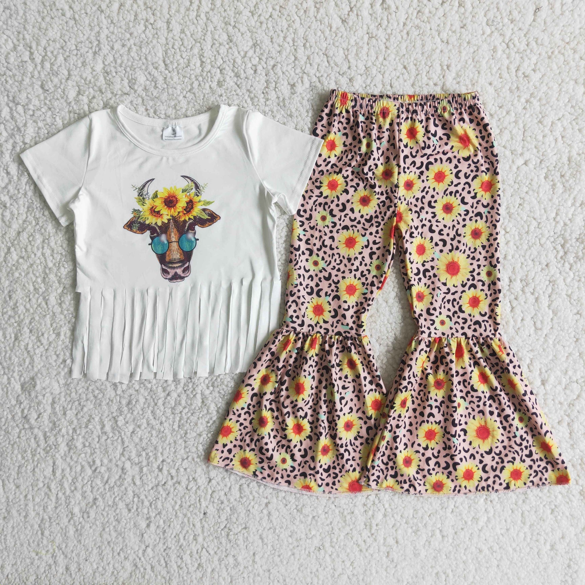 Girls children's tassel Tops Sunflower Bell Bottoms Lovely Outfits