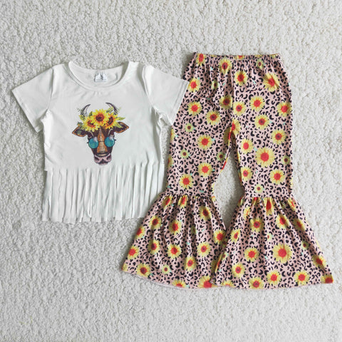 Sunflower Tassel Baby Short Sleeve and Leopard Bell Bottoms Pants Sets