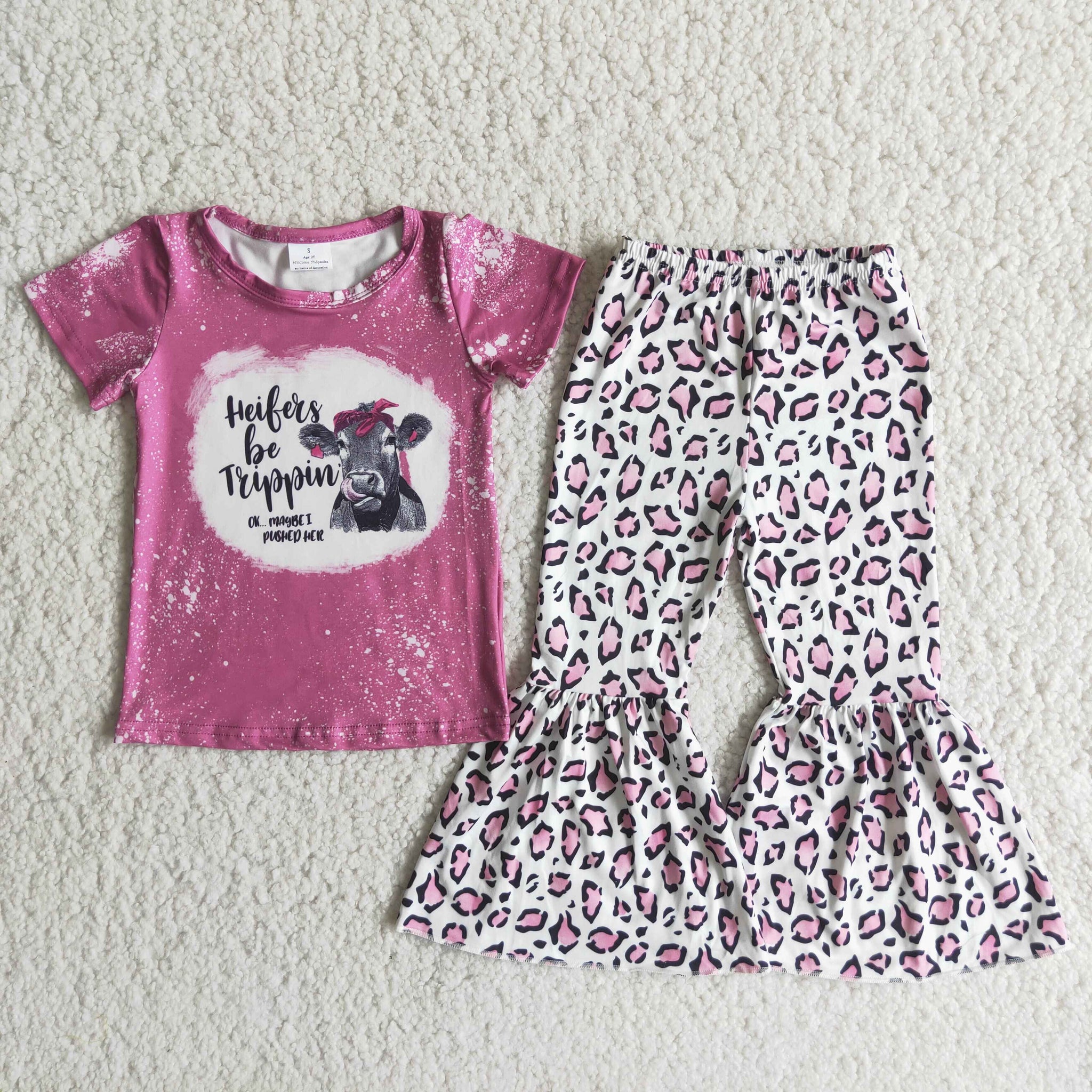 Lovely Fashion Set Toddler Girls Heifer Bleached Tee and Pink leopard Bell Bottoms
