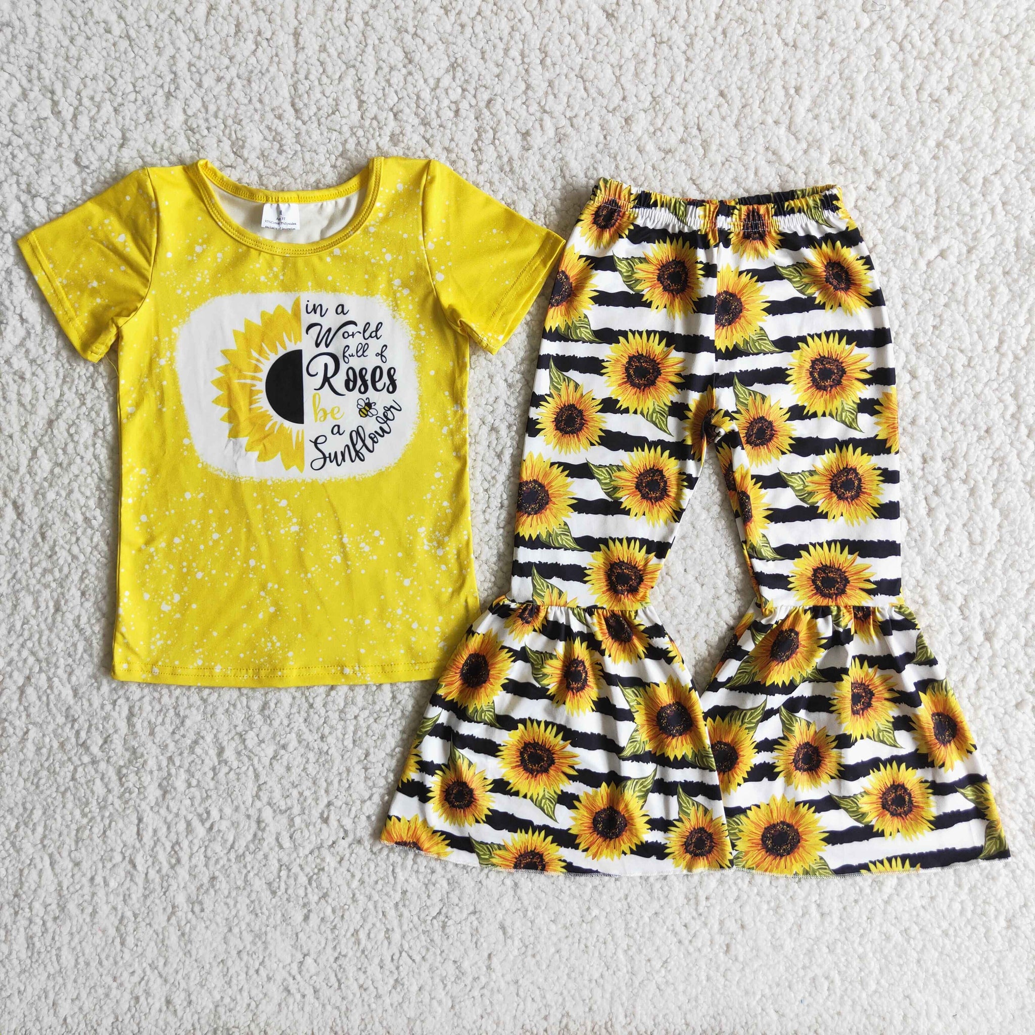 Bleached Sunflower Baby Short Sleeve and Stripe Bell Bottoms Pants Sets
