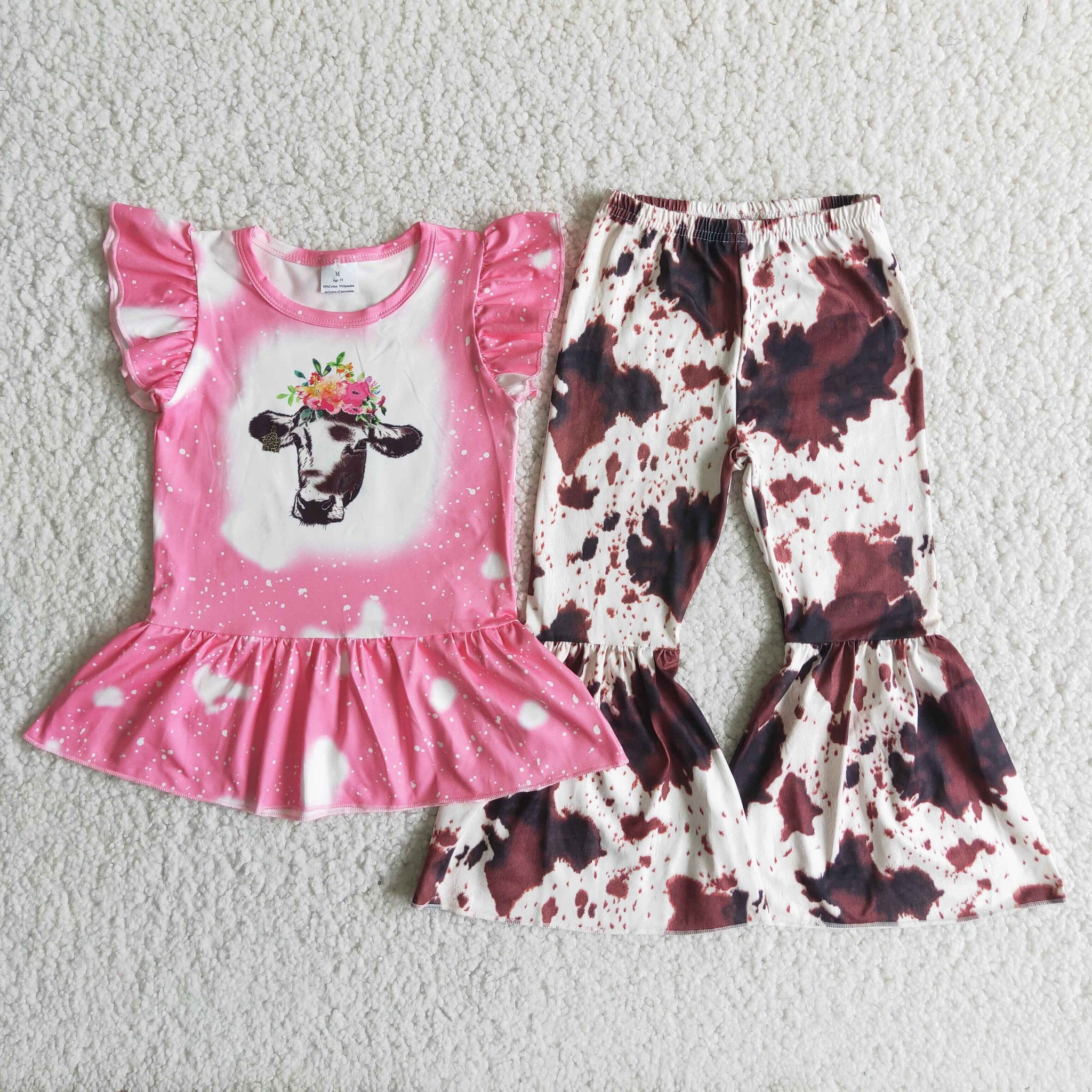 C8-13 Pink Bleached Heifer Baby Pearl Sleeve and Cow Printed Bell Bottoms Pants Sets