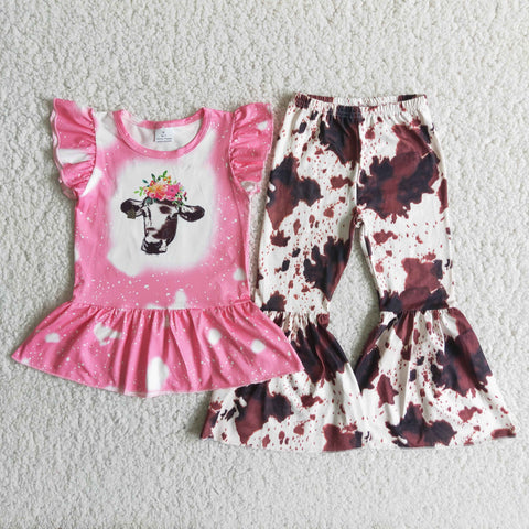 C8-13 Pink Bleached Heifer Baby Pearl Sleeve and Cow Printed Bell Bottoms Pants Sets