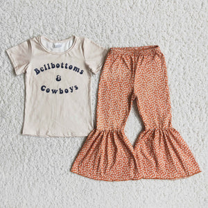 B14-13 Cowboys Baby Short Sleeve and Flower Printed Bell Bottoms Pants Sets