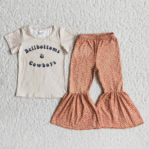 B14-13 Cowboys Baby Short Sleeve and Flower Printed Bell Bottoms Pants Sets