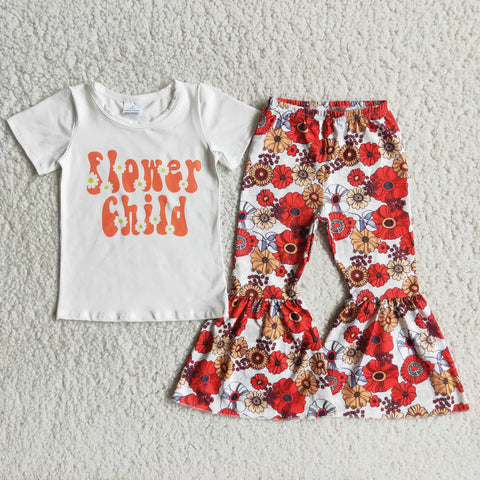 Baby Girls Wild Flower Child Short Sleeve and Bell Bottoms Pants Sets