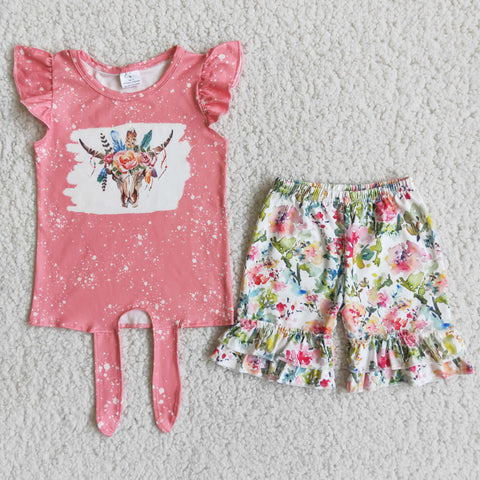 B16-1 Baby Girls Bull Pearl Sleeve Summer Flower Shorts Sets