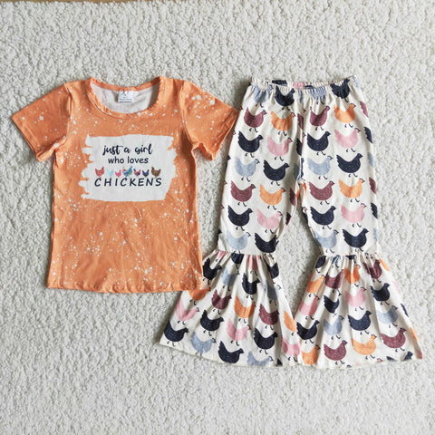 Baby Girls Bleached Lovely Farm Chicken Bell Bottoms Sets
