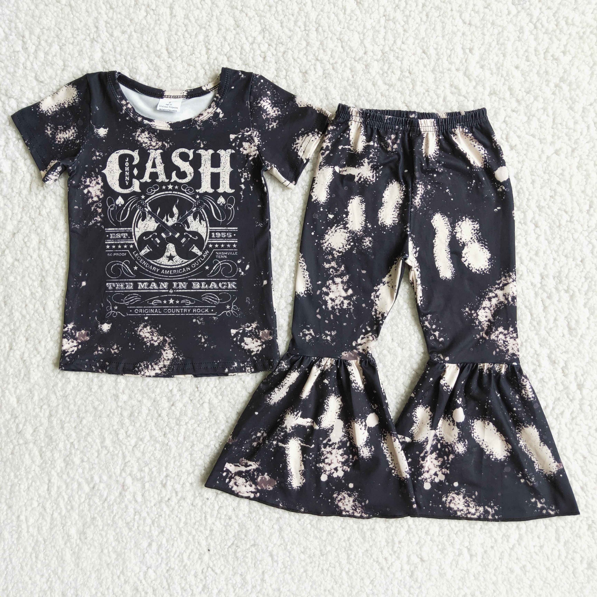 A5-13 Black Bleached Baby Short Sleeve and Bell Bottoms Pants Sets