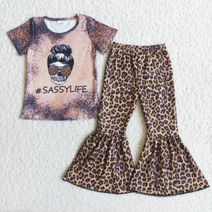 Baby Girls Sassy life Short Sleeve and Leopard Bell Bottoms Pants Sets
