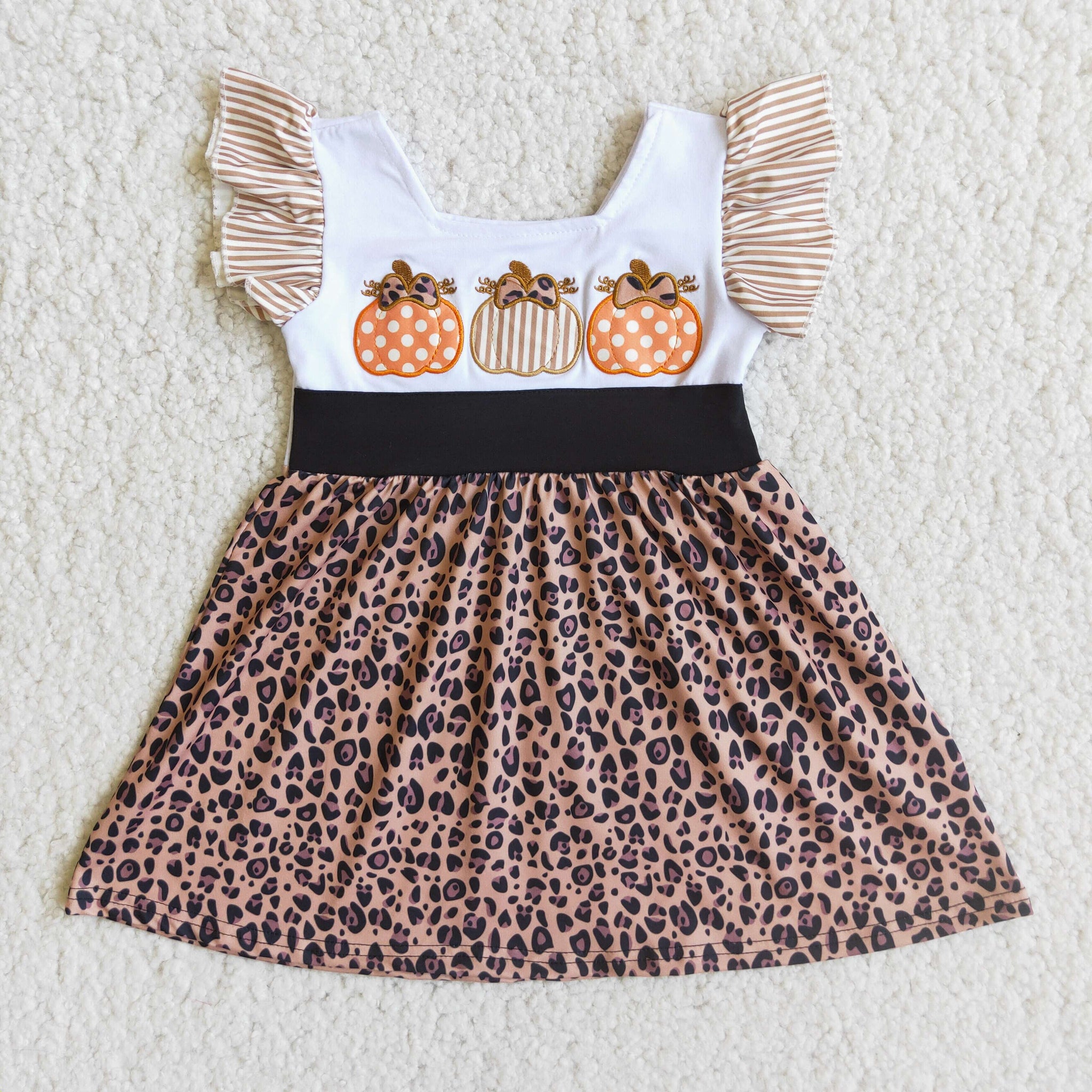 C6-16 Halloween Embroidery Pumpkin Baby Girls Short Sleeve Dress