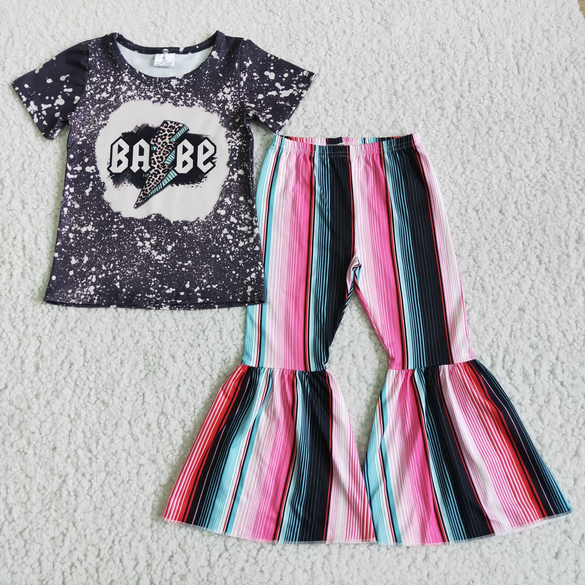 Baby Kids Girls Designer Clothes Sets Letter Short Sleeve Stripe Bell Bottoms Pants Sets