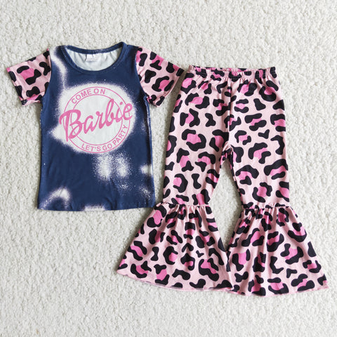 E8-1 Pink Bleached Babe Baby Short Sleeve and Leopard Bell Bottoms Pants Sets