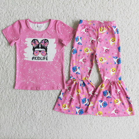 E2-14 Pink Bleached Kid Life Baby Short Sleeve and Bell Bottoms Pants Sets