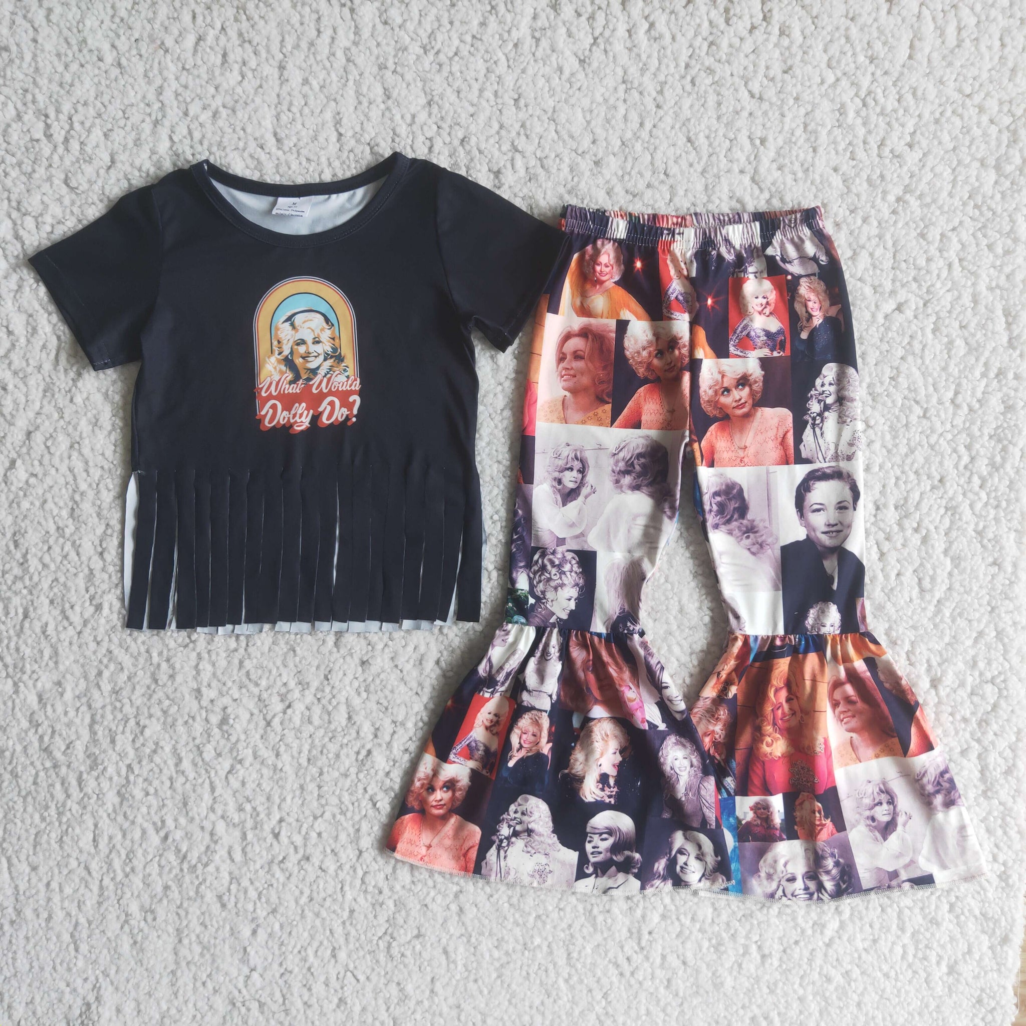 Black Tassel Baby Short Sleeve and Bell Bottoms Pants Sets