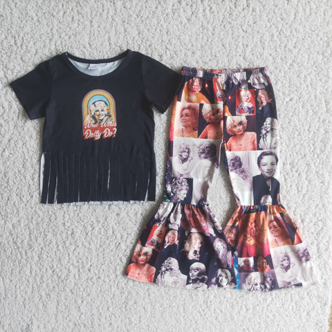 Black Tassel Baby Short Sleeve and Bell Bottoms Pants Sets