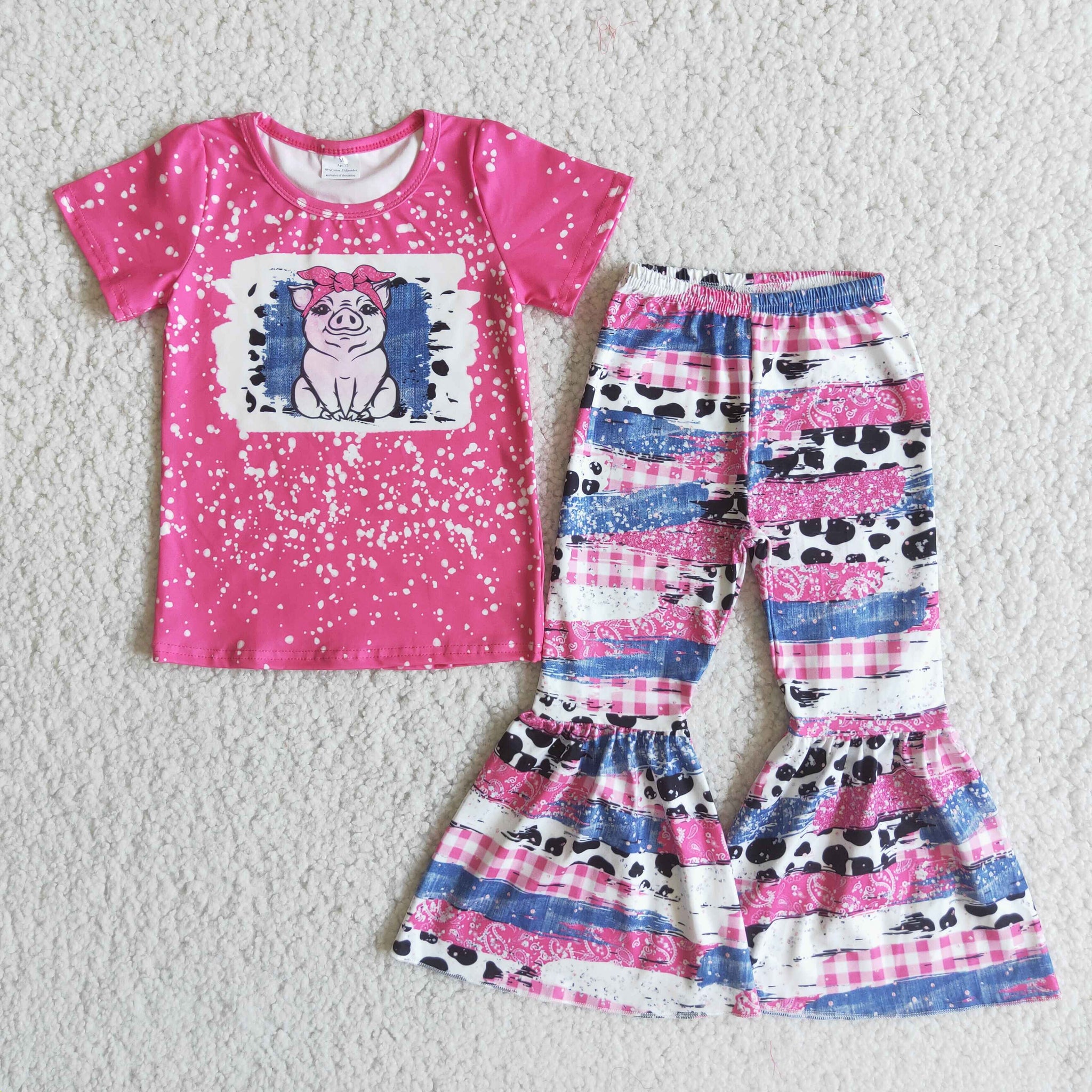 E3-29 Farm Pink Bleached Pig Baby Short Sleeve and Bell Bottoms Pants Sets