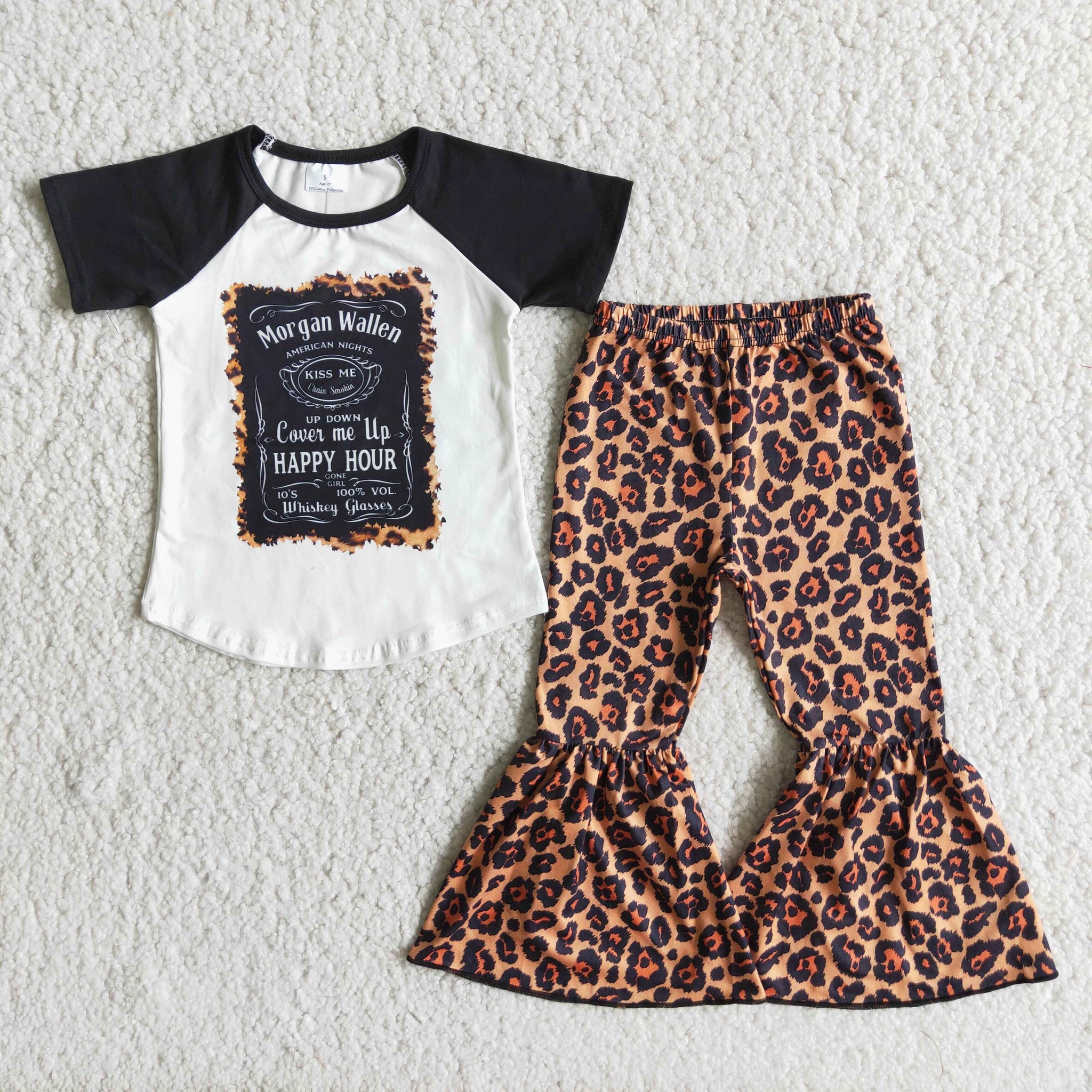 Baby Girls Short Sleeve and Leopard Bell Bottoms Pants Sets