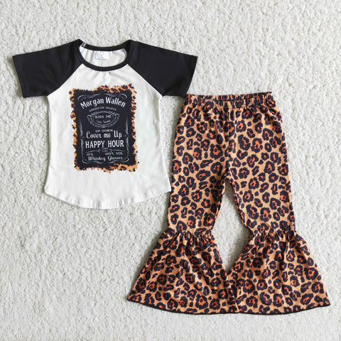 Baby Girls Short Sleeve and Leopard Bell Bottoms Pants Sets