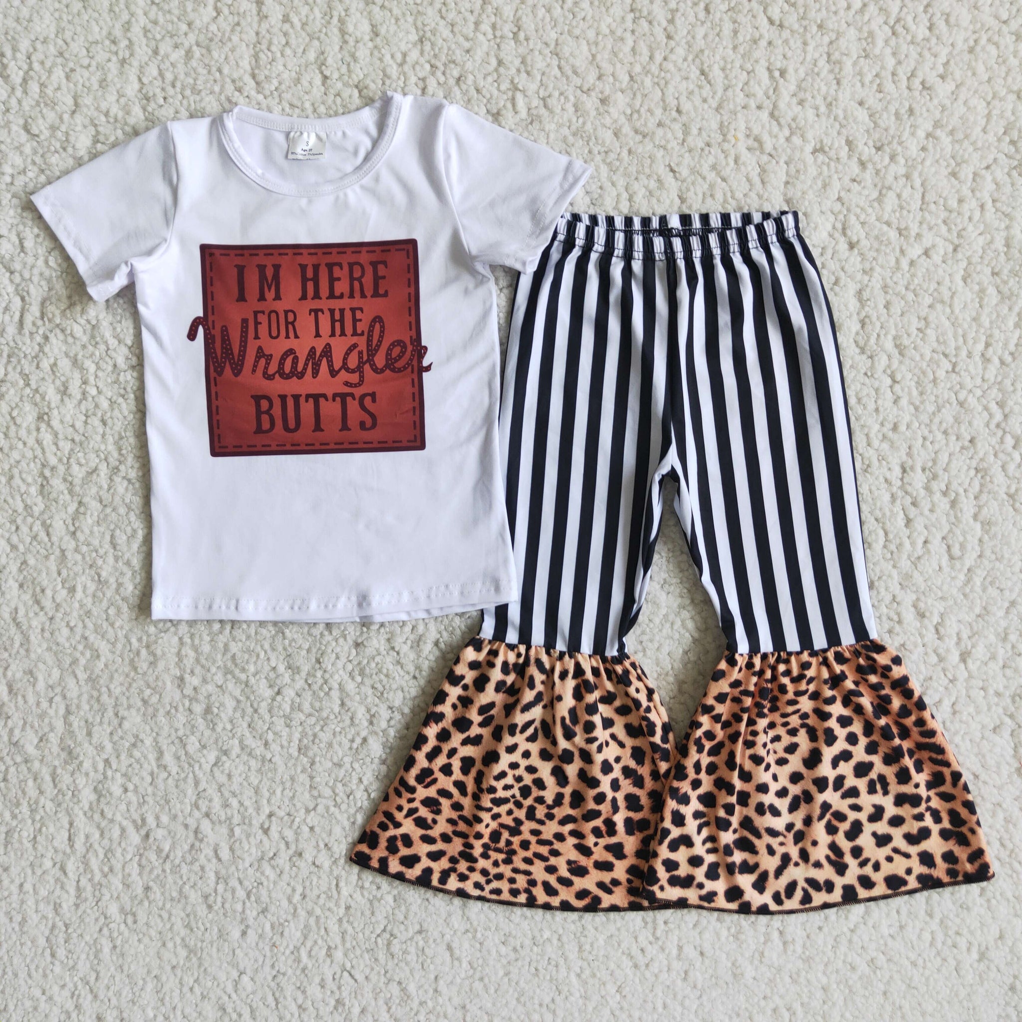 C5-10  Letter White Short Sleeve and Stripe and Leopard Bell Bottoms Pants Sets