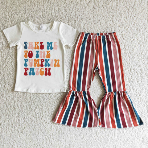 D6-19 Thanksgiving Day Letter Pumpkin Short Sleeve and Stripe Bell Bottoms Pants Sets