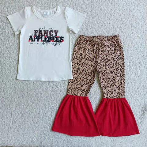 E4-20 Fancy Short Sleeve and Leopard Bell Bottoms Pants Sets