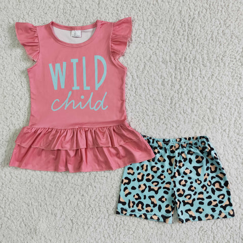 Baby Girls Wild Short Sleeve Leopard Shorts Sets
