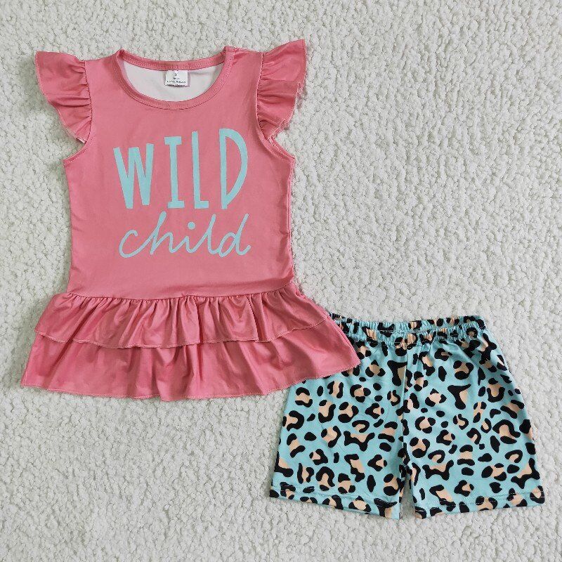 GSSO0036 Baby Girls wild Short Sleeve Leopard Shorts Sets