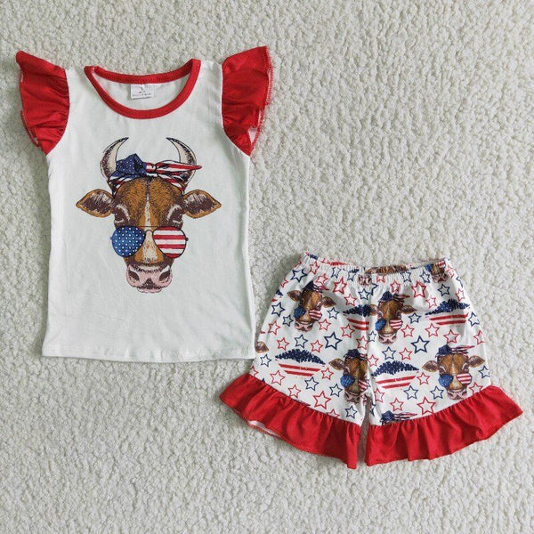 GSSO0046 4th of July Baby Girls Cow Summer Shorts Sets