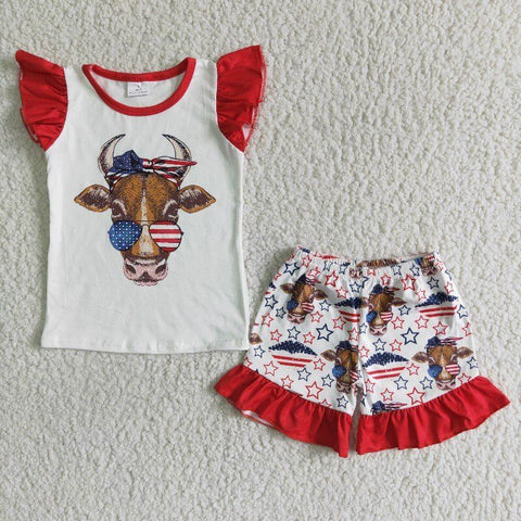 GSSO0046 4th of July Baby Girls Cow Summer Shorts Sets