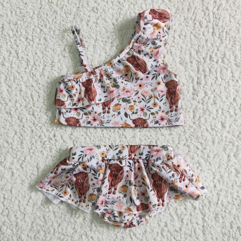 S0017 Cow flower Printed Girls Swimsuit Sets