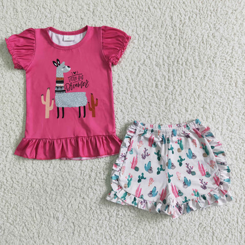 A14-2 Baby Girls Alpaca Cactus Summer Short Sleeve Shorts Sets