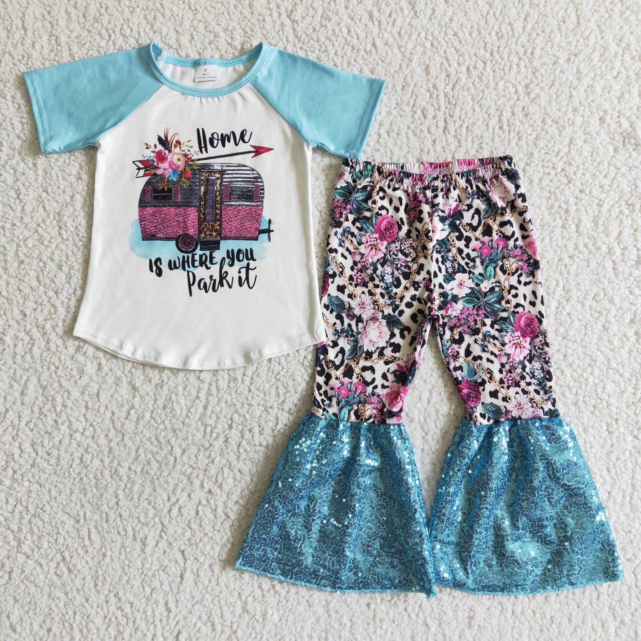 GSPO0053 Baby Girls car flower Short Sleeve and Bell Bottoms sequins Pants Sets