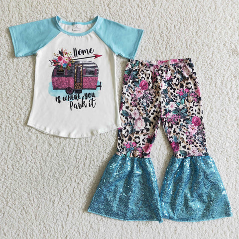 GSPO0053 Baby Girls car flower Short Sleeve and Bell Bottoms sequins Pants Sets