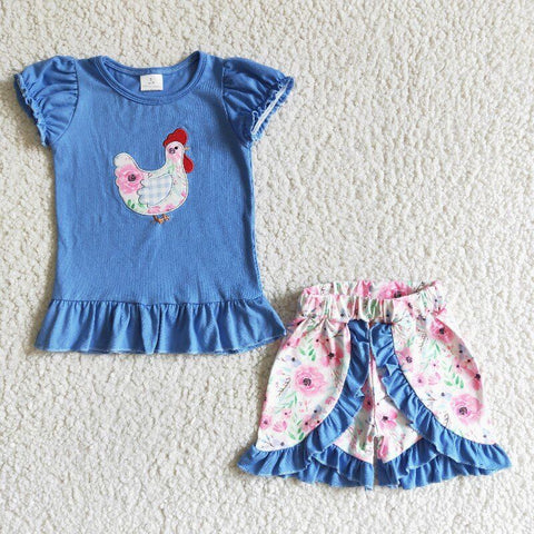 GSSO0020 Baby Girls blue chick Summer Short Sleeve Shorts Sets