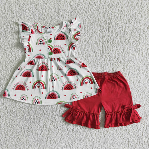 GSSO0005 Baby Girls watermelon Pearl Sleeve Ruffles Shorts Sets