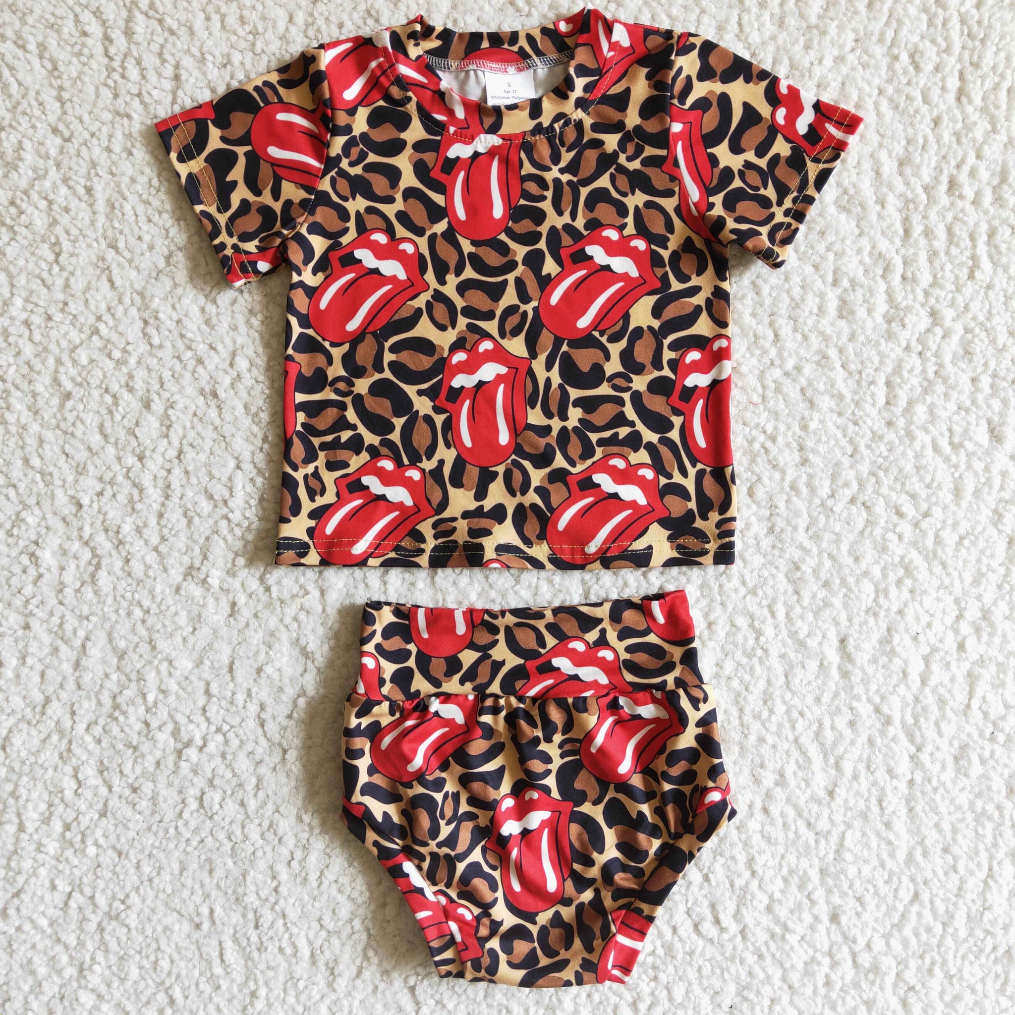 GBO0016 Leopard red tongue Newborn Infant Baby Girls Bummies Sets