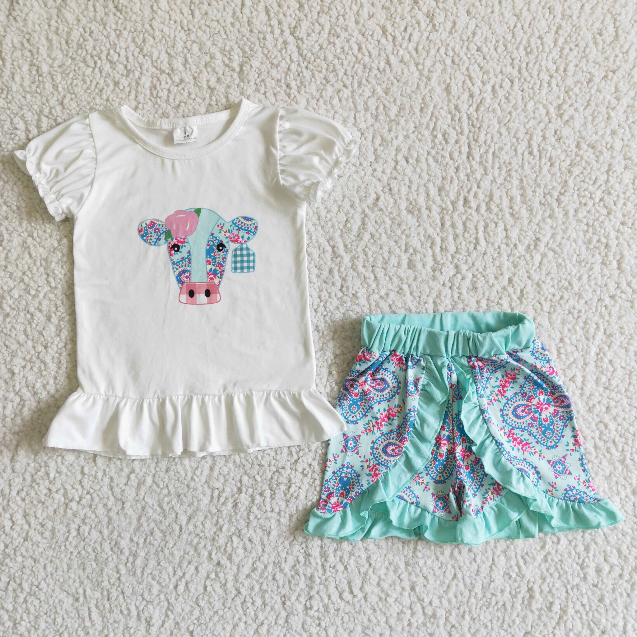 A4-12 Baby Girls cow   Sleeve Ruffles Shorts Sets