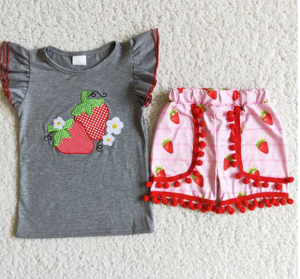 D8-27 Baby Girls Strawberry Summer Short Sleeve Shorts Sets