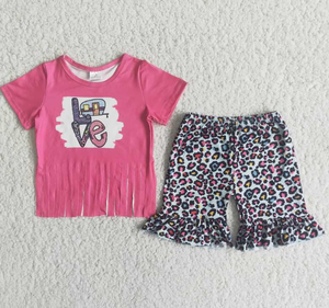 D12-30 Baby Girls Leopard fringe Summer Short Sleeve Shorts Sets