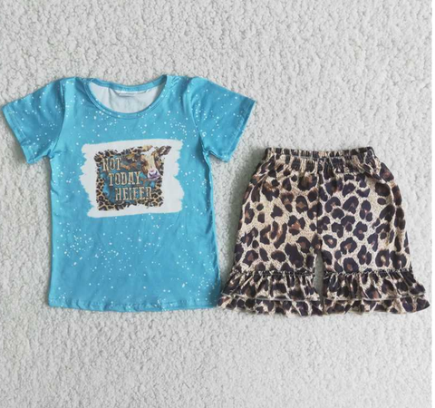 C5-16 Baby Girls Cow blue Summer Short Sleeve Shorts Sets