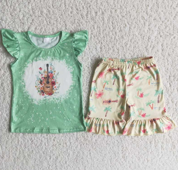 C6-3 Baby Girls green guitar Summer Short Sleeve Shorts Sets