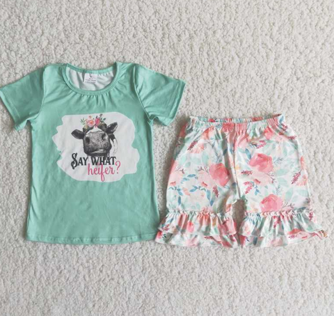 C4-16 Baby Girls Cow  Say What Summer Short Sleeve flower  Shorts Sets